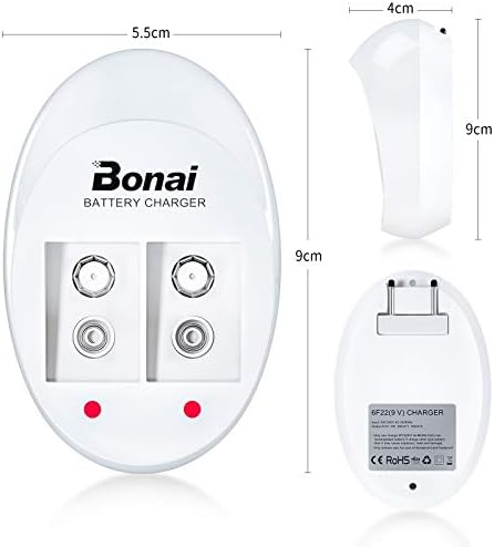 BONAI 9V ładowarka blokowa 2 gniazda LED ładowarka szybka ładowarka do akumulatorów 9V Li-Ion/NI-MH/NI-CD