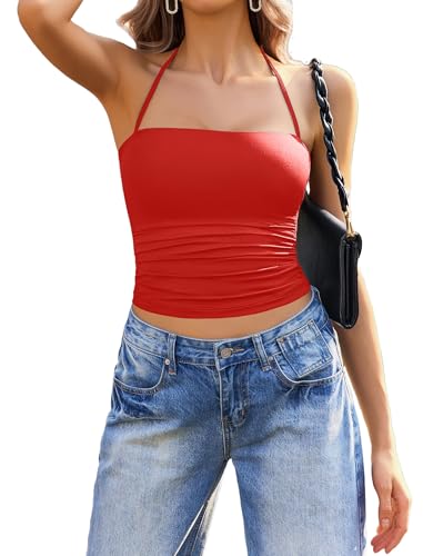 Image of Avidlove Halter Tops for Women Going Out Double Lined Sexy Crop Tank Top Ruched Slim Fit Cami Y2K Outfits Womens Summer Tops