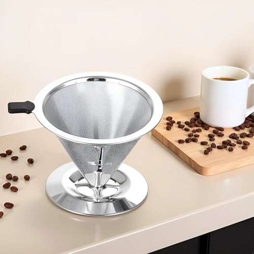 Reusable Pour Over Coffee Dripper Stainless Steel Coffee Filter Paperless Drip Cone Cup Coffee Filters Slow Drip with Holder Kitchen Tools for Manual Coffee Maker, 1-3 Cups