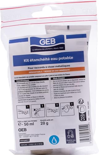 GEB Kit étanchéité complet pour raccords à visser métalliques - Tube de pâte à joint 50 ml + filasse 20 g - Compatible réseau d'eau potable – vue 2