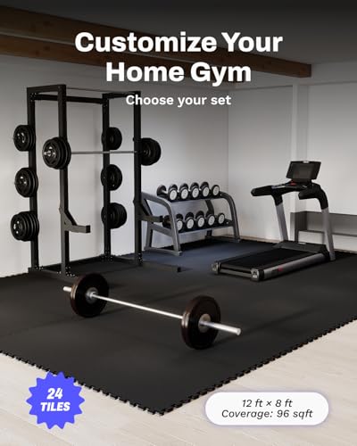 Image of AIRHOP 0.56in Thick 96 Sq Ft Exercise Equipment Mats, 24 Tiles Upgraded Rubber Top with High Density EVA Foam, Large Interlocking Puzzle Gym Flooring for Home Gym, Heavy Weight Workout,Black