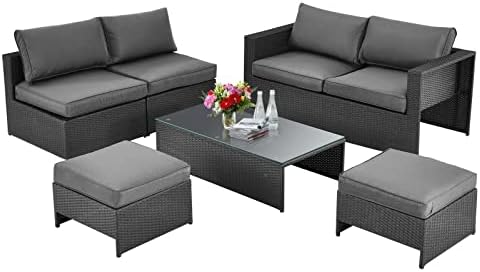 FZZDP 6 PCS Patio Rattan Furniture Set Space Saving Cushioned No Assembly Ideal for Backyard, Deck, Poolside, etc
