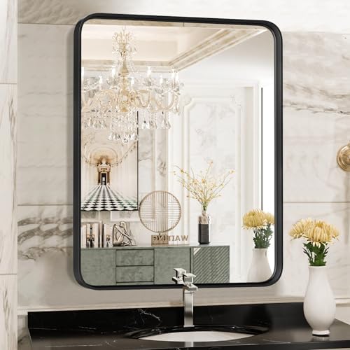 Image of Sweetcrispy Bathroom Mirror 36x24 Inch Black Metal Framed Rounded Rectangle Vanity Mirror for Wall, Over Sink, Farmhouse, Restroom, Anti-Rust, Modern Decorative, Horizontal or Vertical Hanging