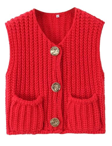 Image of Women Crochet Knit Sweater Vest Button Up Cropped Casual Sleeveless Vest Fashion Vintage Cardigan with Pocket Red