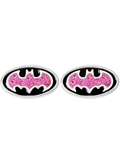 DC Comics Batman Womens Stud Earrings - Sterling Silver Batman Earrings with Rose Crystals - Batman Gifts - Officially Licensed