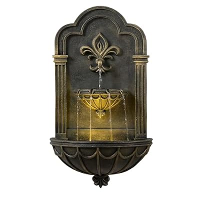 Teamson Home Fleur-de-lis Outdoor Water Fountain–Warm Glow Lighting with Adjustable Flow & Electric Pump, Black & Gold