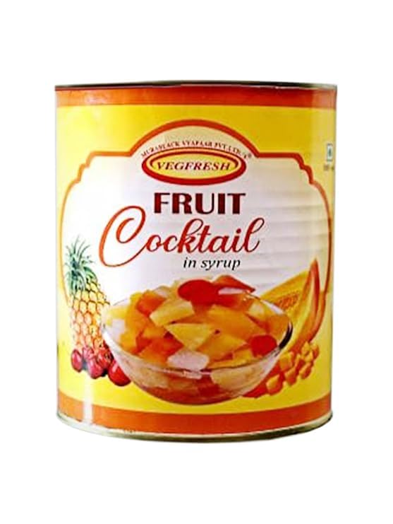 Konfiz Vegfresh Premium Fruit Cocktail in Syrup – Canned Mixed Fruits | Crunchy & Juicy | Pineapple, Papaya, Cherry, Grapes, Guava | Ready to Eat, Juicy & Refreshing, Ideal for Desserts, Cakes & Salads | 800g Tin (Drained Weight 400g) ((Pack of 5))-image-1