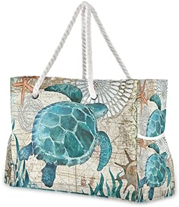 senya Large Beach Bags Totes Canvas Tote Shoulder Bag Water Resistant Bags for Gym Travel Daily (Sea Turtle Starfish)