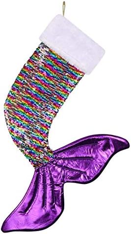 OurWarm Purple Mermaid Tail Christmas Stocking, Magic Reversible Sequins Mermaid Holiday Stockings for Christmas Decorations, 24 Inch Sparkly Christmas Stockings