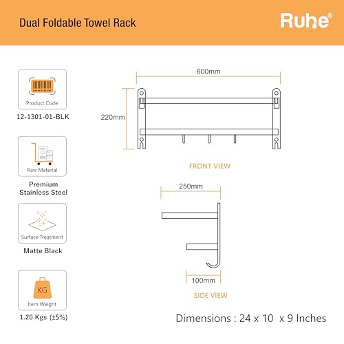 Image of Ruhe Dual Folding Towel Rack, Black | Premium Grade Stainless Steel Dual Folding Towel Rack /Towel Holder /Towel Stand /Accessories for Bathroom and Kitchen | (24 Inches)