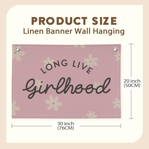 Image of Long Live Girlhood Linen Banner Hanging Pink Flag Flower Banner for Nursery Playroom Wall Decor for Kids Bedroom Living Room Dorm Toddler Decorations Trendy Room 30x20 In (Girlhood)
