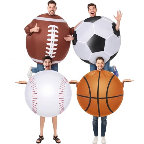 Hollowfly 4 Pack Adult Inflatable Costume 4.9-6.2 ft Halloween Costumes for Men Women Funny Blow up Outfits for Birthday Carnival Party Sports Game Football Soccer Baseball Basketball