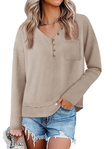 Tankaneo Womens V Neck Henley Shirts Casual Long Sleeve Flowy Tees Cute Loose Fit Tops with Pocket Khaki
