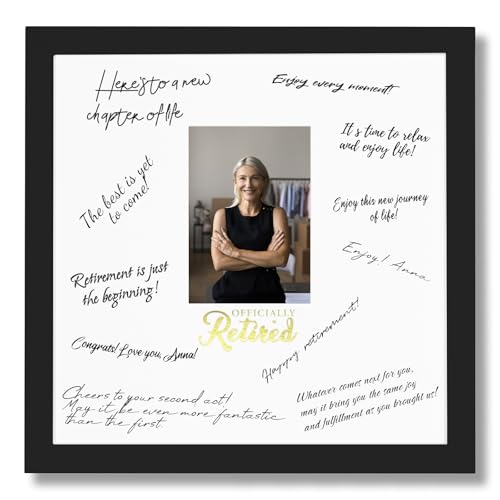 13x13 Retirement Signature Frame with Plexiglass Cover - Holds 4x6 Photos - Happy Retirement Gift for Women/Men, Alternative Guest Book Autograph Frame for Party Decorations & Wall Display, Black Gold