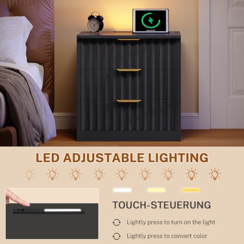 Image of TEENFON Fluted Nightstands Set of 2, Night Stand with Charging Station and LED Light, Nightstand with 3 Storage Drawers, Bedside Table for Small Space, Bedroom, Black