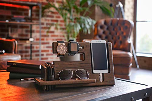 Teslyar Natural Oak Wood Phone Docking Station Recess Key Holder Wallet Stand Magnetic Watch Charger Slot Organizer Men Gift Husband Wife Anniversary Dad Birthday Nightstand Tablet Father Graduation