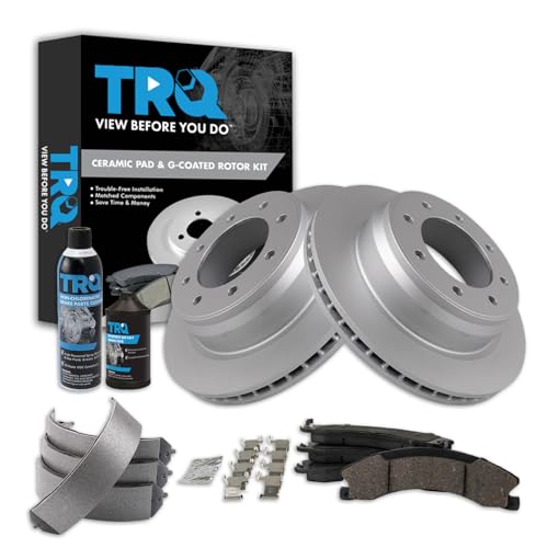 Image of TRQ Rear Brake Pad & Rotor Kit, with Chemical Kit Parking Brake Shoe Set Ceramic Premium G-Coated Compatible with 2012-2019 Nissan NV1500 NV2500 NV3500