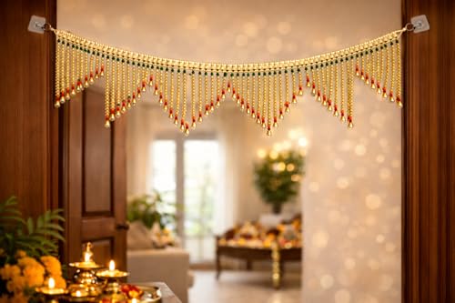 Image of Traditional Golden Beads Toran for Door | Green & Red Accent Bandarwal with Hanging Bells | 3 Feet Length, 7.5 Inch Height | Festive Door Decoration for Diwali, Pooja, Wedding & Griha Pravesh