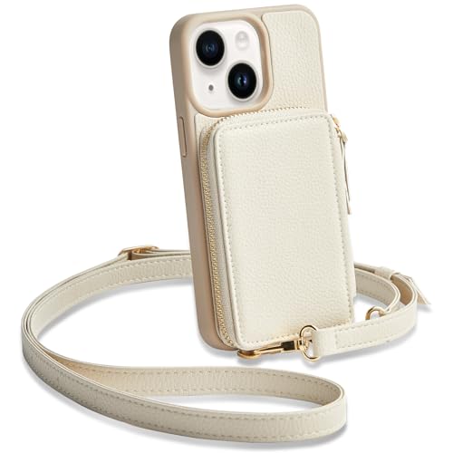 ZVE for iPhone 15 Crossbody Wallet Case Card Holder Phone Purse for Women RFID Blocking Zipper Carrying Leather Cover with Wrist Strap for iPhone 15 (6.1 inch)- Beige