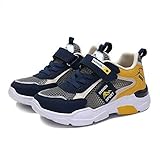 CELANDA Kinder Leicht Turnschuhe Laufschuhe Atmungsaktiv Komfortabel Sportschuhe für Jungen Mädchen Outdoor Fitnessschuhe Klett Sneakers Tiefblaues Gelb 34EU