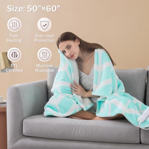 VENTIMI Electric Blanket Heated Throw, 50" x 60" Heated Blanket with 5 Heat Levels & 3 Hours Auto Off, Fast Heating Blankets with ETL & FCC Certification, Green