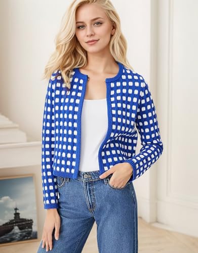 Kedera Women's Knit Crop Cardigans Long Sleeve Plaid Sweater Open Front Cable Crew Neck Button Sweaters2