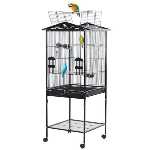 Large Standing Bird Cage with Rolling Stand & Slide Out Tray - Wrought Iron Flight Parrot Cage for Macaw Cockatiel Canary Finch Lovebirds Parakeets and Other Medium Birds (52.76in)