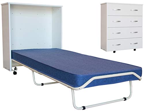 CamaCama Tumbona Plegable Retráctil con cabezal espaldera mueble Blanco de madera hierro anticorrosión con 4 Ruedas y colchón para Invitados casa Dormitorio Camping camarada de emergencia con