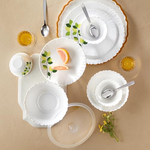 Image of Larah by Borosil Silk Series Green Leaves Opalware Dinner Set with Steel Spoon | 41 Pc for Family of 6 | Microwave & Dishwasher Safe | Bone-Ash Free | Crockery Set for Dining & Gifting | Plates & Bowl