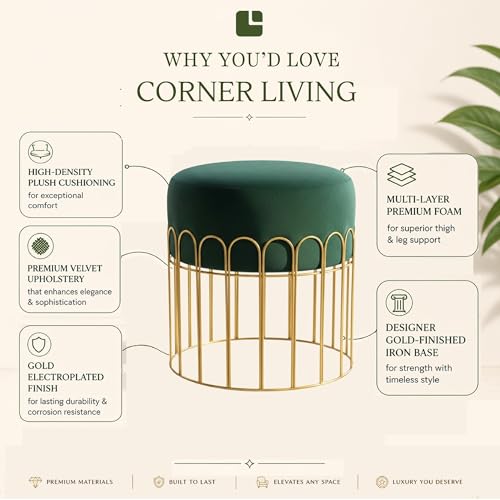 Image of Premium Set of 2 Gold Metal Ottoman Pouffe stool & Footrest for Living Room & Bedroom | Bottle Green Soft & Classy Mosha Fabric With Arch frame | 18 inch height | Luxury Multipurpose Furniture & Decor