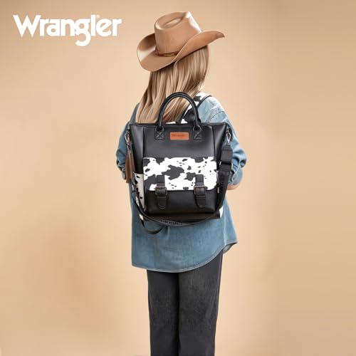 Image of Montana West Wrangler Womens Convertible Backpack Purse Cow Printed Backpack with Adjustable Crossbody Shoulder Strap for Work Travel WG175-9110COW-BK