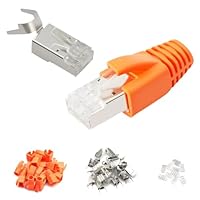 Puiseno 10 Stück Netzwerkstecker 10Gbps, RJ45 Stecker Cat 7 mit Einfädelhilfe und Knickschutz, 8-poliger Plug, kompatibel mit Cat7, Cat 6A für Switch/TV/PS4/ADSL/Modem/TV-Box/Router/PC