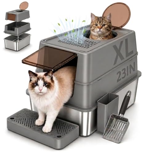 Arenero para gatos de acero inoxidable XL con tapa cubierta miniatura 1