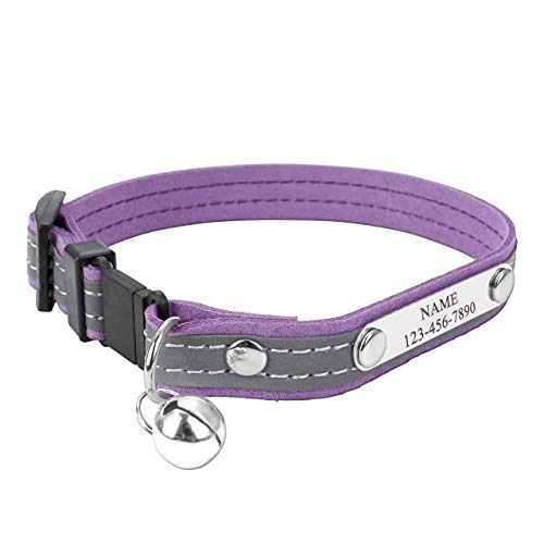 Personalized Master Custom Pet Collar with Name and Phone Number, Reflective Breakaway Cat Collar with Bell, Purple