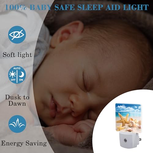 Image of Night Light Plug into Wall Starfish Seashells On Beach Night Light with Dusk to Dawn Sensor Night Light for Kid Girls Boys Women Men Room Decor, Hallway, Kitchen, Bathroom, Nursery, Stairs
