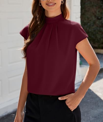 Image of Funlingo Womens Summer Tops Mock Neck Short Cap Sleeve Blouses Business Casual Work Chiffon Shirts Front Pleated Tunic Top
