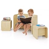 Costzon Kids Table and Chair Set, All in 1 Birch Wood Activity Table, Bench, Storage Shelves, Desk for Children Reading, Arts, Crafts, Snack Time, Fully Assembled, Toddler Table & Chair Set (Natural)