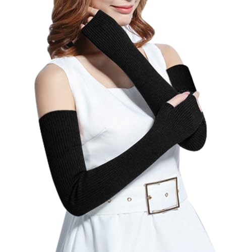 Fjquamitix - Fjquamitix 23.6in Wool Blend Warm Arm Warmers Long Fingerless Gloves for Women Knit Long Wrist Warmers with Finger Holes (Black)