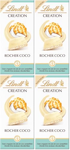 Tablette Chocolat Blanc Création Rocher Coco Lindt MO3046920040686 – 145g, Noix de Coco Caramélisée