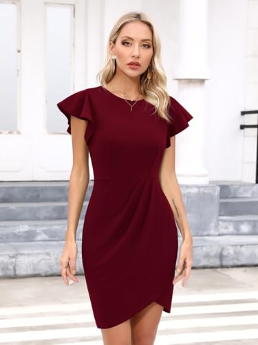 Missufe Damska sukienka koktajlowa, na imprezę, mini, bodycon, elegancka, obcisła, odświętna, na wesele, podkreślająca figurę, krótki rękaw, sfałdowana, z koronkownym dołem, z falbanką, czerwony