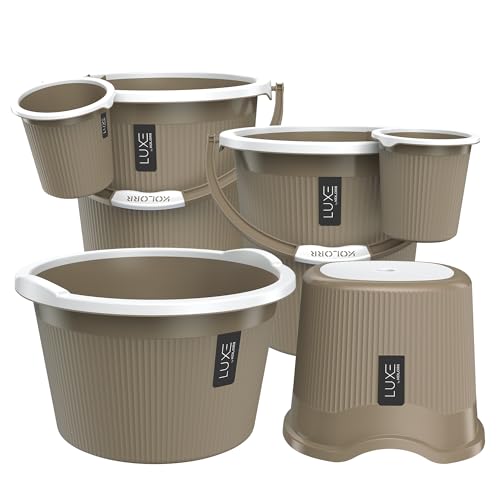 Image of KOLORR Luxe Bathroom Set (Bucket 20L x 2) + (Mug 1.5L x 2) + (Luxe Patla x 1) + (20L Tub x 1)|Sturdy and Durable |Lightweight| Easy to Clean and Attractive Design|Pack of 6| Ratan LT Brown
