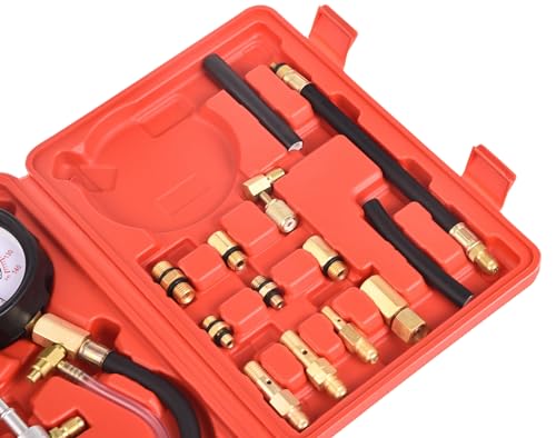 Profi Benzindruckprüfer Set 0-10 bar, Kraftstoffdruckmesser für Benzinmotoren, Kraftstoffsystem Tester inkl. Adapter & Schlauch, KFZ Diagnose-Werkzeug mit Koffer