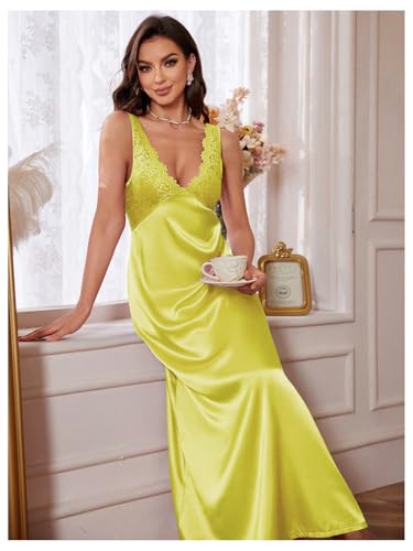 Image of WDIRARA Women's Satin Sleepwear Nightgown | Lace, Backless, Deep V Neck, Sleeveless, Long