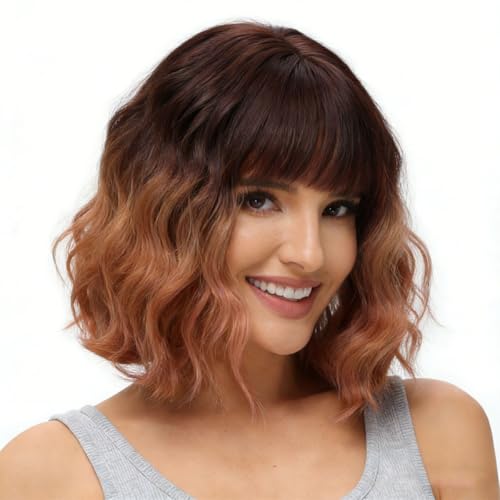 Image of Rose bud Wavy Bob Wig Ombre Orange Natural Wig Synthetic Hair Shoulder Length Short Curly Wigs for Women