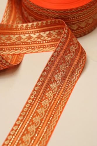 Image of Banarasi Silk Border Lace for Saree, Dupatta, Lehenga, Suit, Blouse & Home Furnishing, Crafting DIY (Saffron Gold, 9 Meters x 2 Inch)