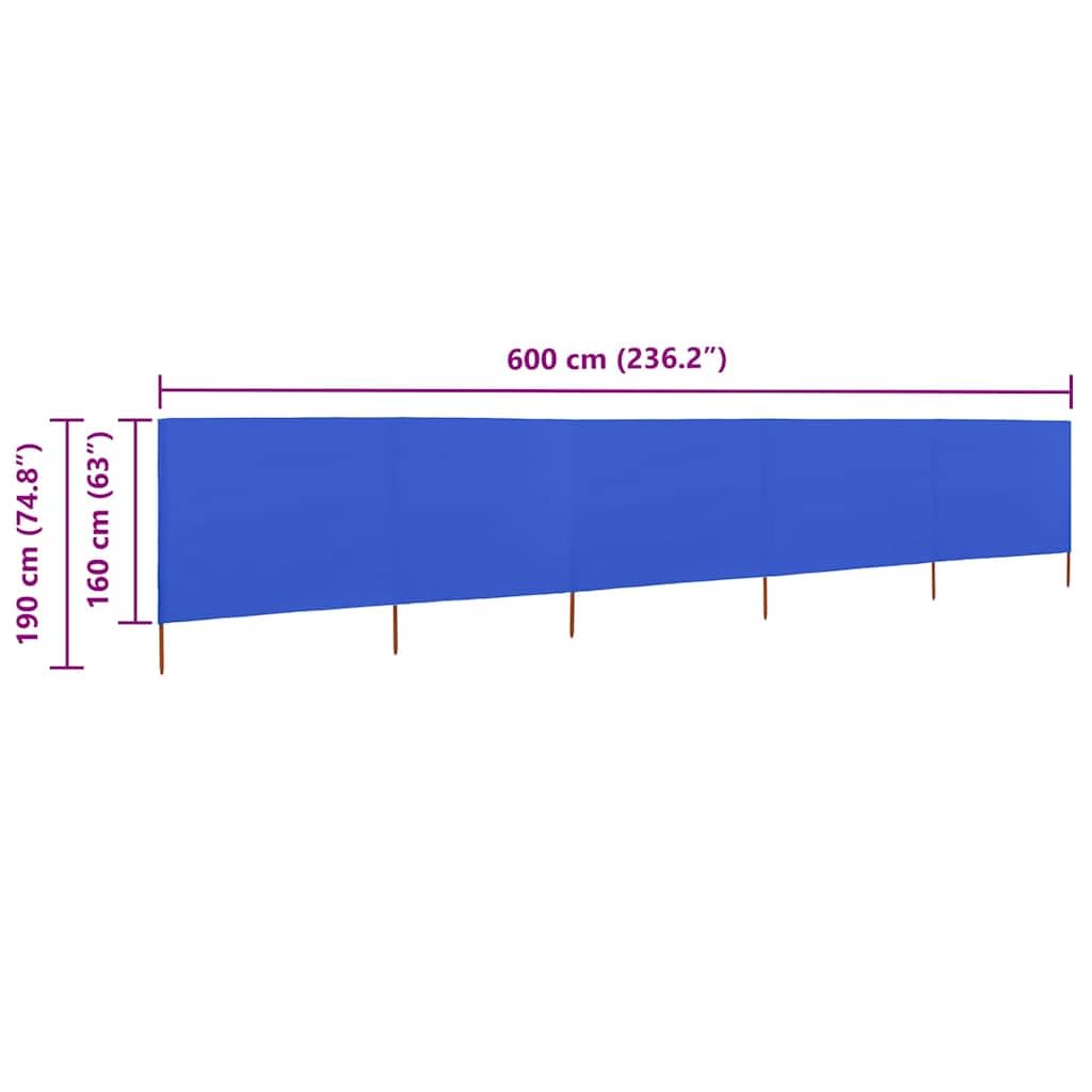 5-teiliger Windschutz 600 x 160 cm, Faltbarer Sichtschutz und Windschutzwand aus Vliesstoff mit Holzpfählen, Camping Windschutz für Garten, Strand und Outdoor, Azurblau