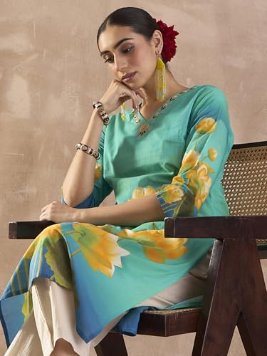 Image of INDO ERA Women's Cotton Floral Printed Straight Kurta (IESTR12002)