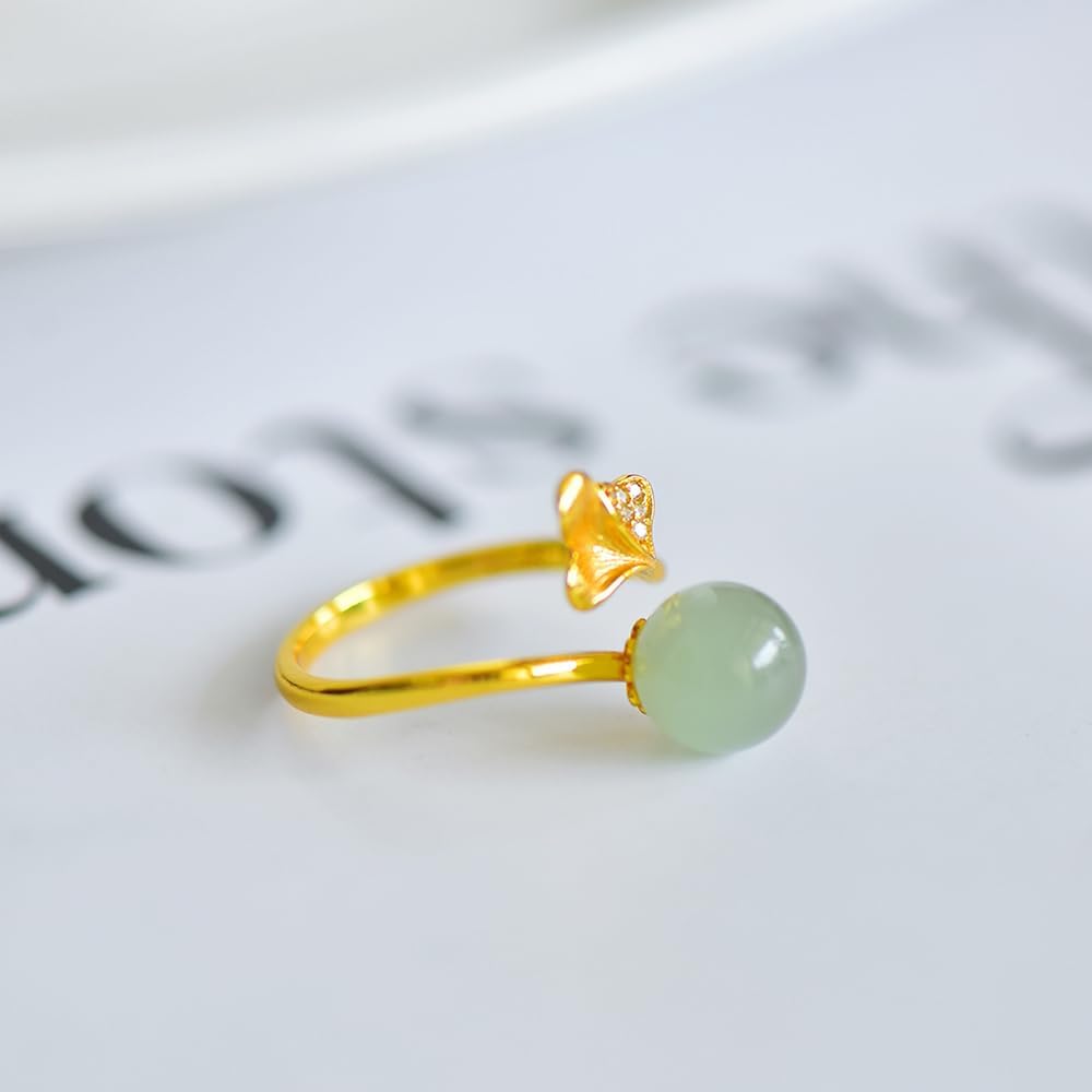 S925 Silver-Inlaid Natural Cyan White Jade Round Bead Ring Opening Adjustable Including Certificate