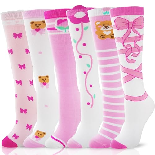 ANTSANG Kids Girls Knee High Socks Long Boot Crazy Silly Fun Gift Cute Tall Animal Socks for Child 6 Pairs Stocking Stuffers Gifts for 10 Year Old Girls Birthday Gifts Ideas(Pink Stripes)
