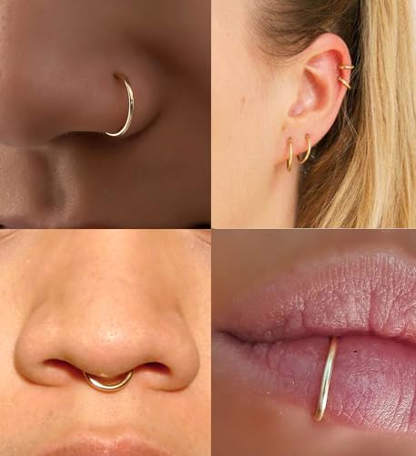 QWALIT Fake Nose Ring Gold Fake Septum Ring Hoop Silver Faux Septum Piercing Clip on Lip Ring Stick on Nose Stud Non Piercing Ear Earring Cuffs Gold Lip Cuff Non Pierced2